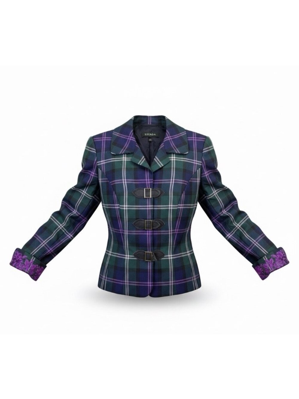 Escada Womens Green & Purple Plaid Wool Blazer Jacket With Buckle Closures Size